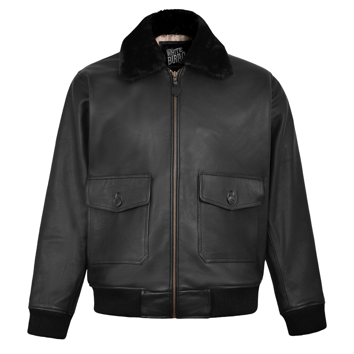 Men's Black Leather G-1 Flight Jacket with Faux Fur Collar – front view