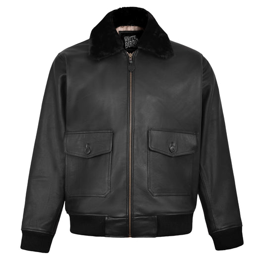 Men's Black Leather G-1 Flight Jacket with Sherpa Collar – front view