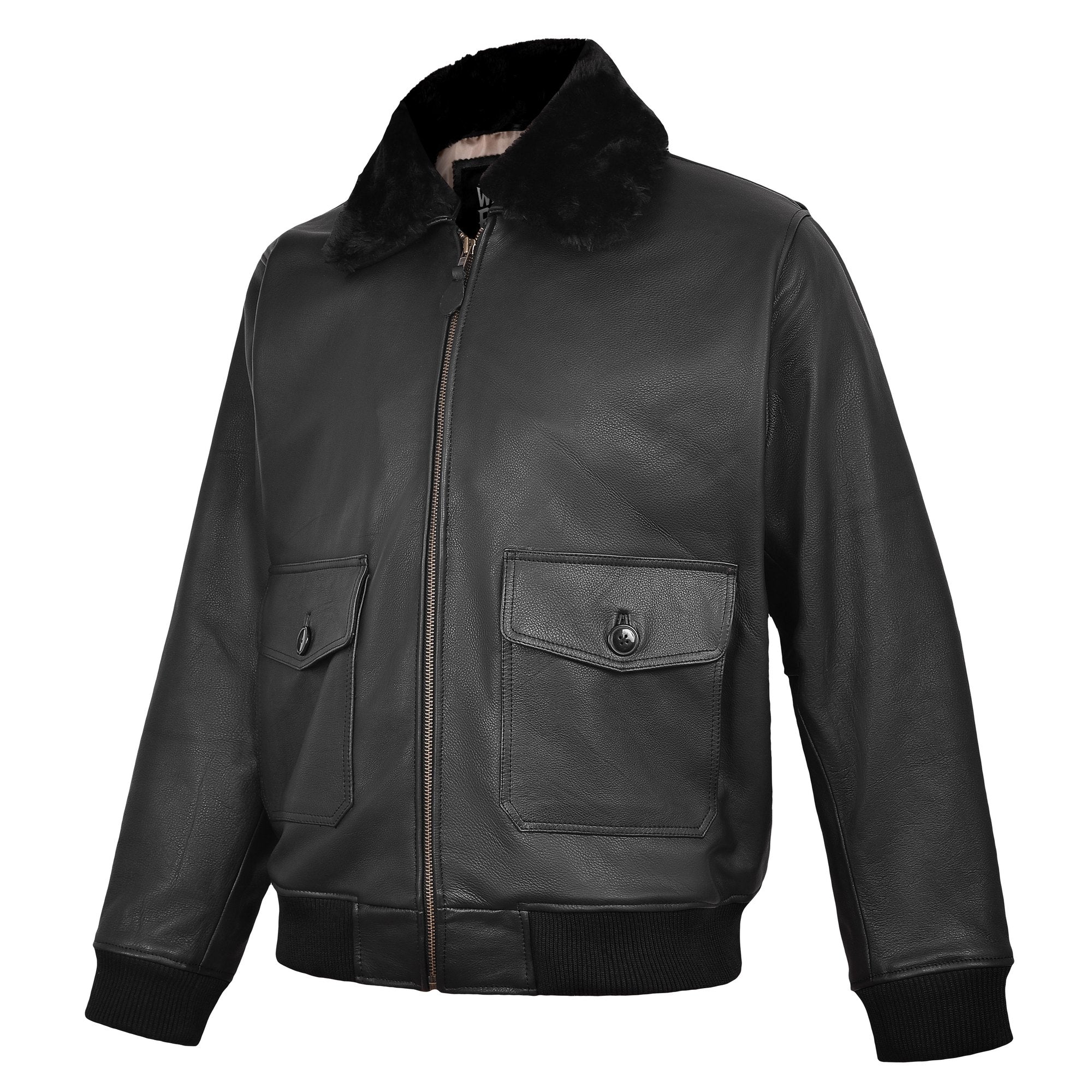 Men's Black Leather G-1 Flight Jacket with Faux Fur Collar – three-quarter side view