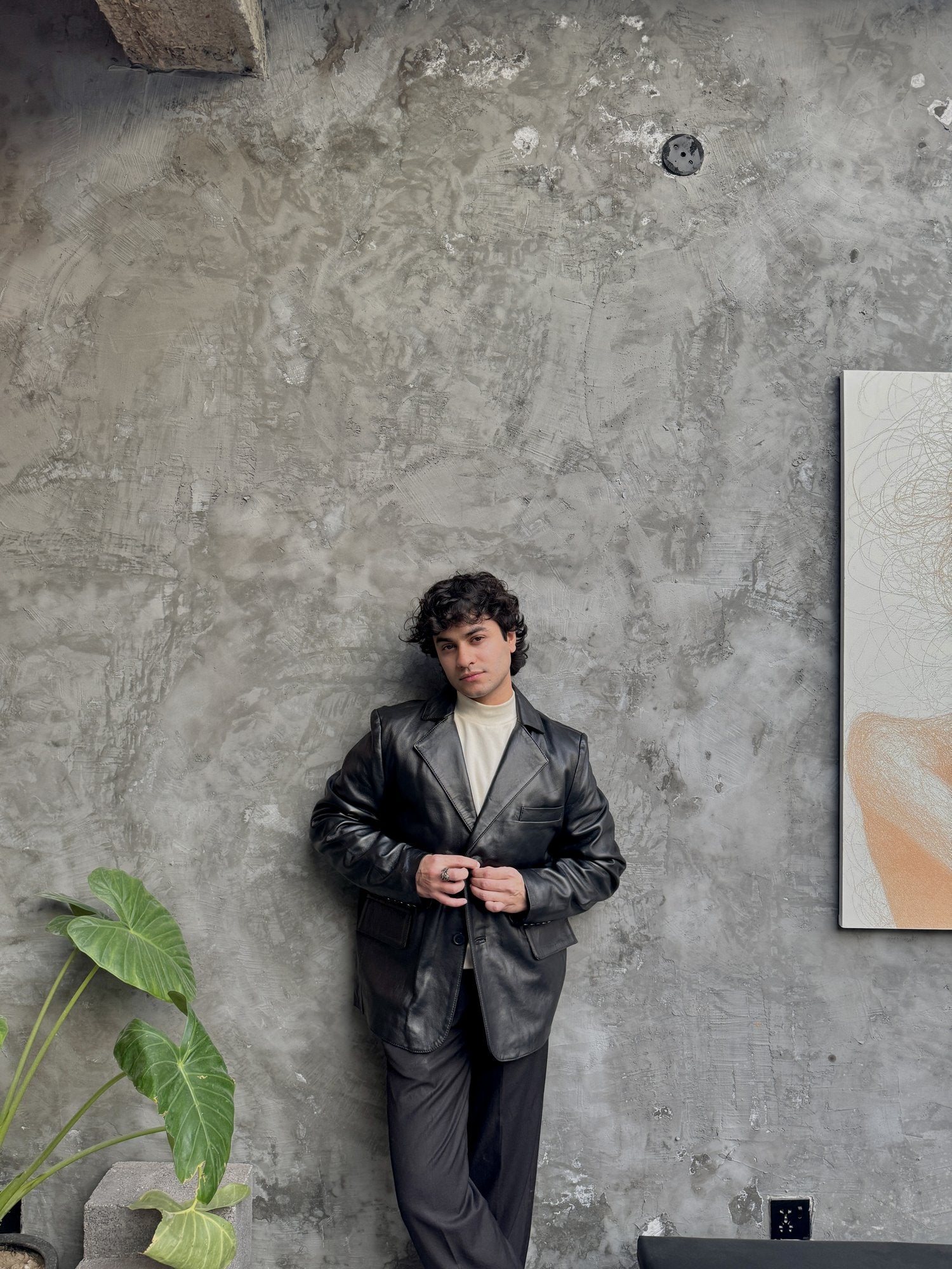 Men's Modern Leather Blazer in Black – worn by model, front view