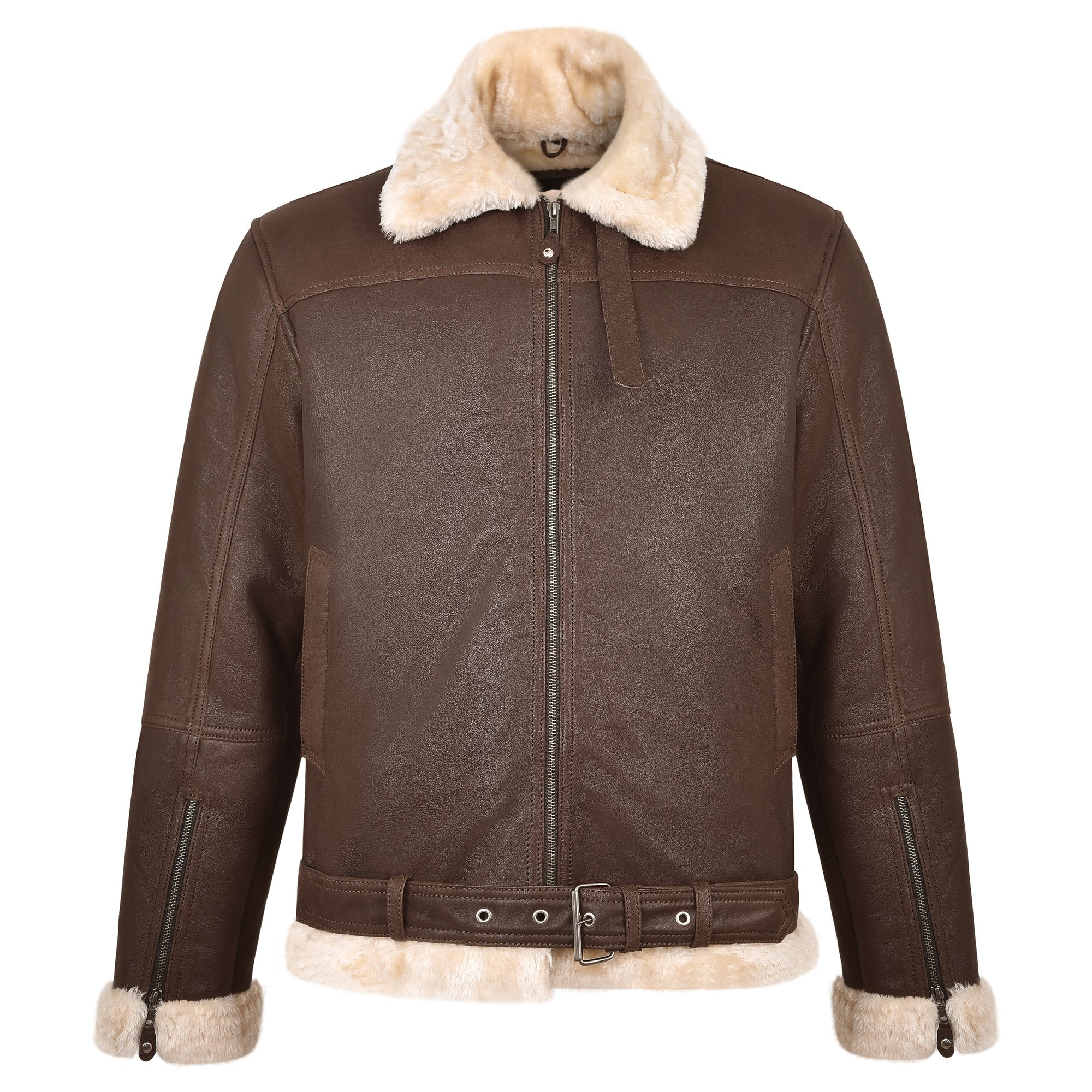 Men's B-3 Leather Aviator Jacket with Faux Shearling in Brown – front view