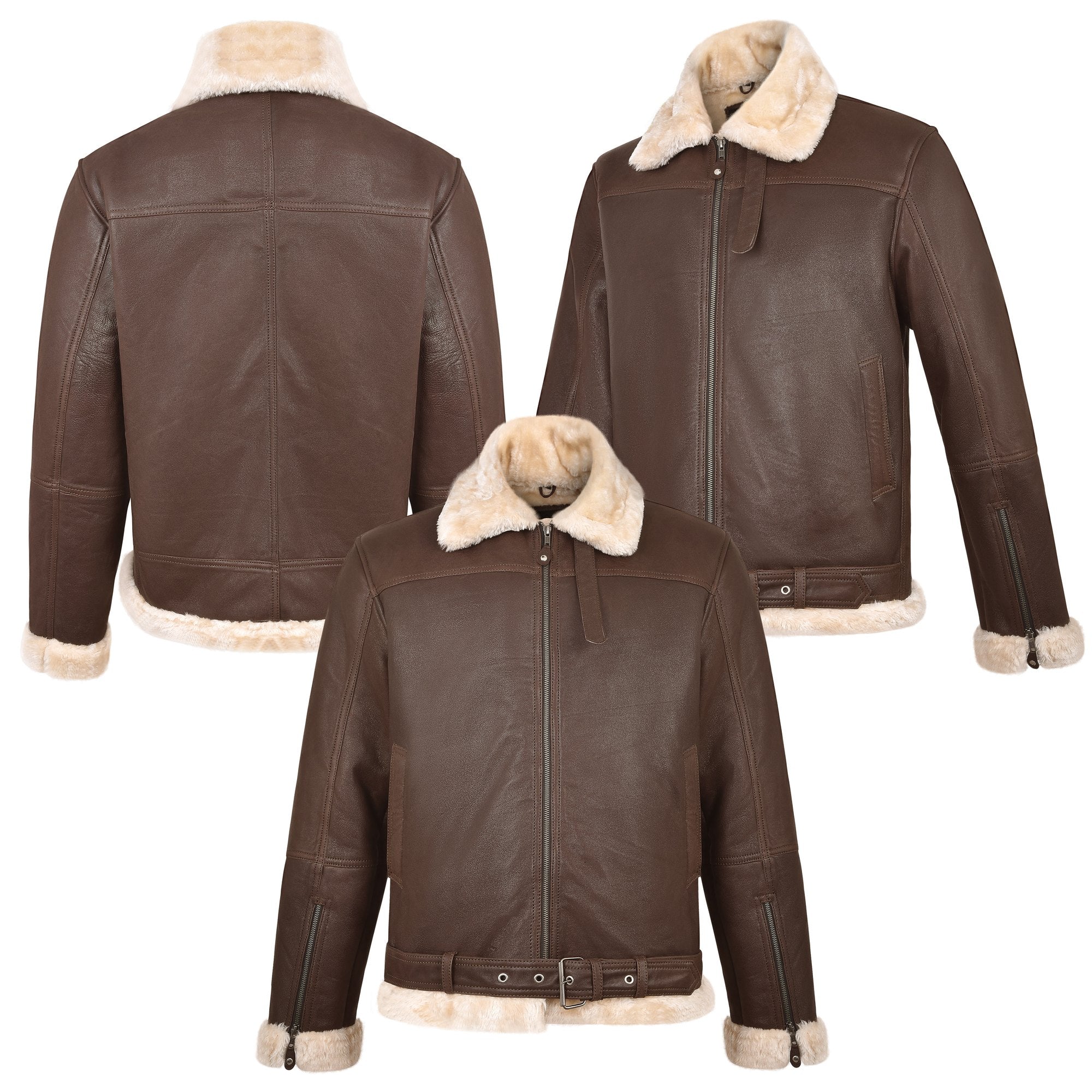 Men's B-3 Leather Aviator Jacket with Faux Shearling in Brown – front, back and side views