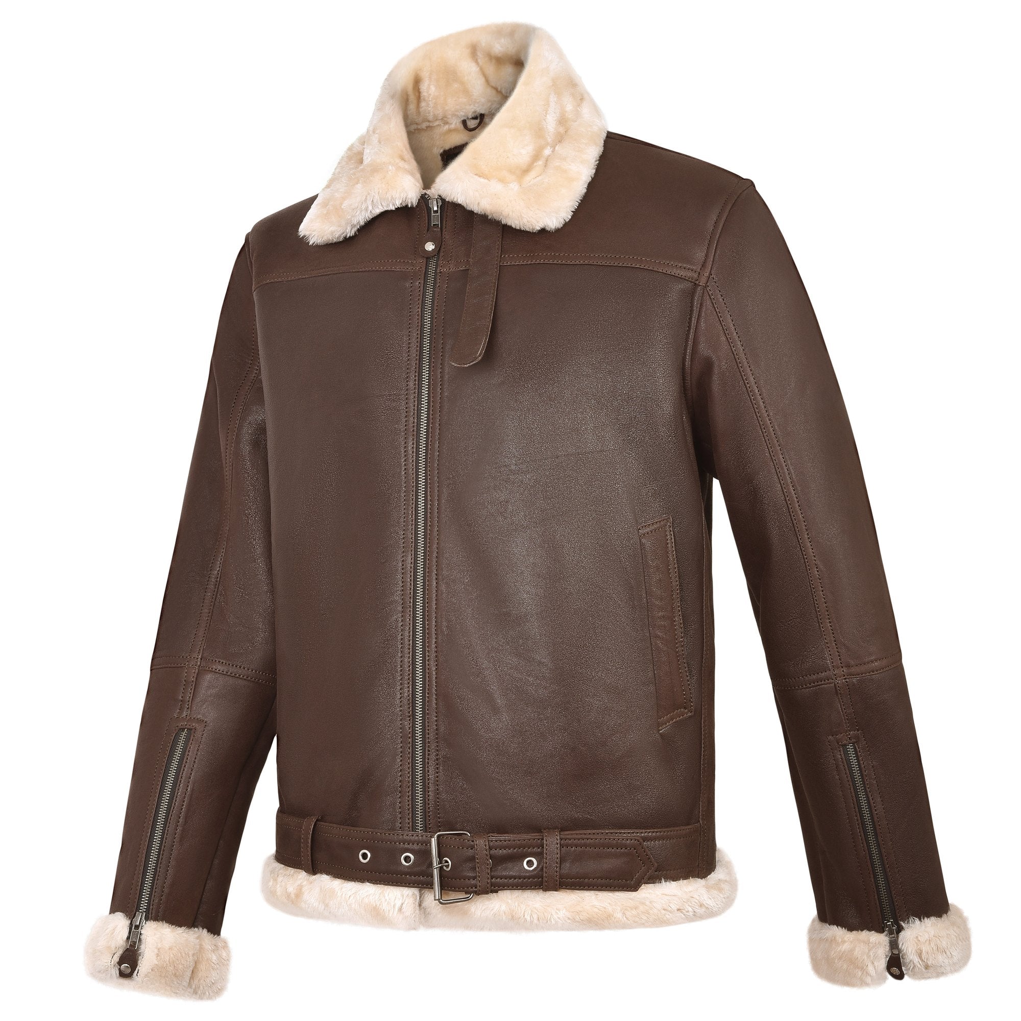 Men's B-3 Leather Aviator Jacket with Faux Shearling in Brown – three-quarter side view