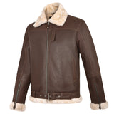 Men's B-3 Leather Aviator Jacket with Faux Shearling in Brown – three-quarter side view
