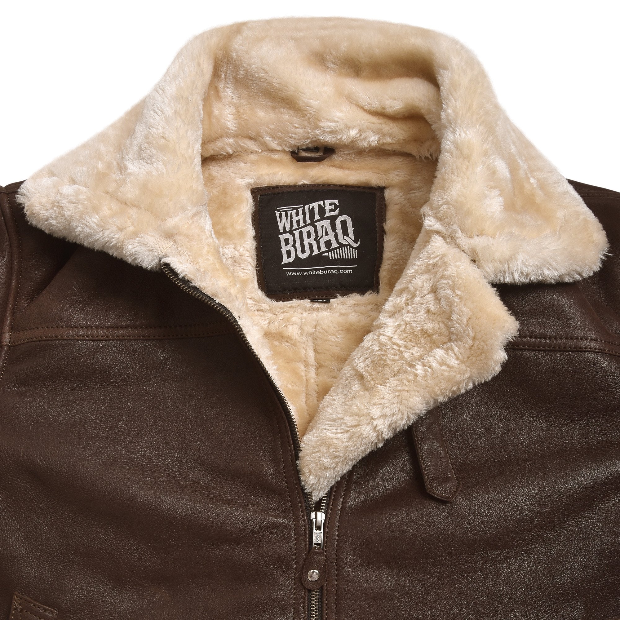 Men's B-3 Leather Aviator Jacket with Faux Shearling in Brown – faux shearling collar with throat latch