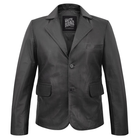 Men's Leather Two-Button Blazer in Black – front view