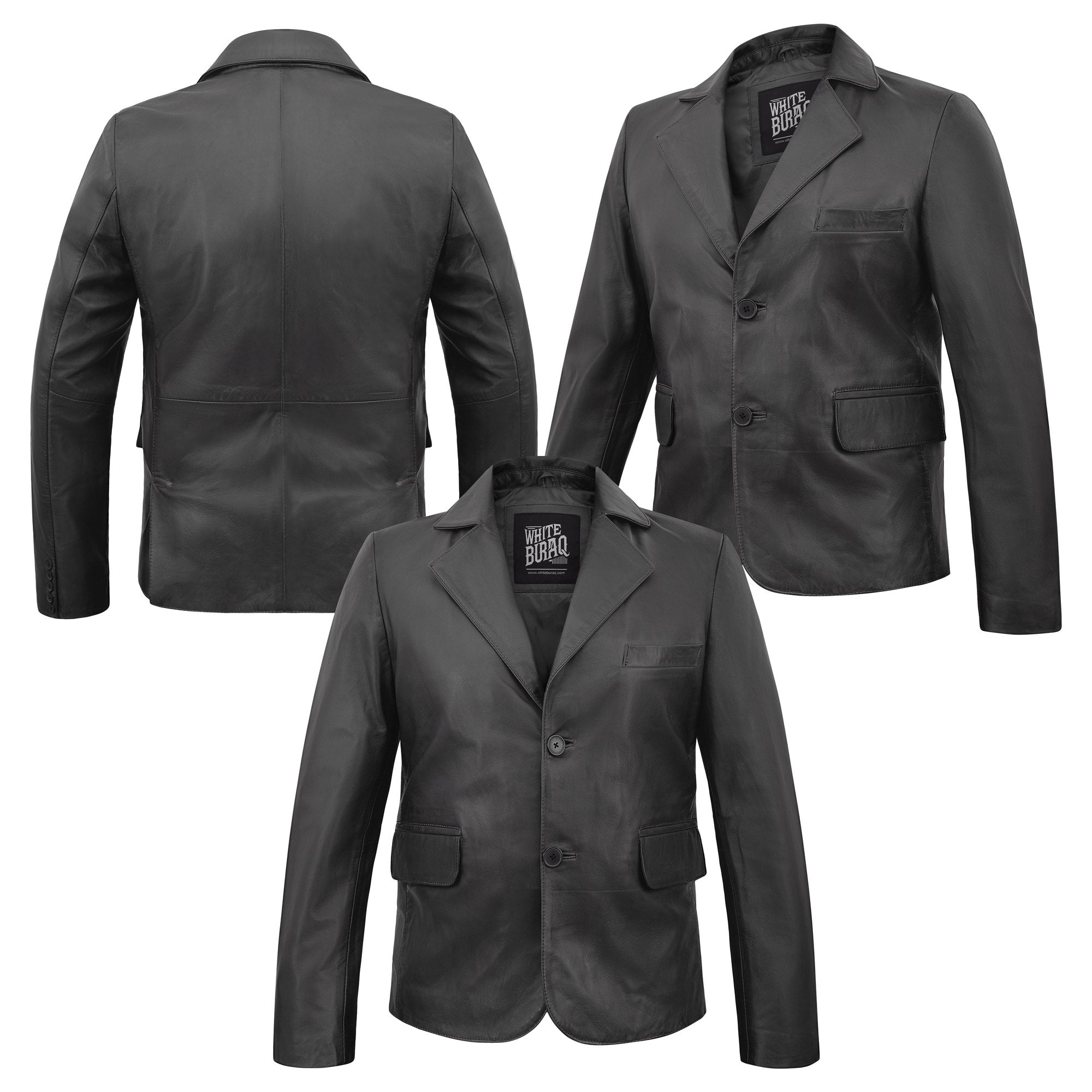 Men's Leather Two-Button Blazer in Black – front, back and side views