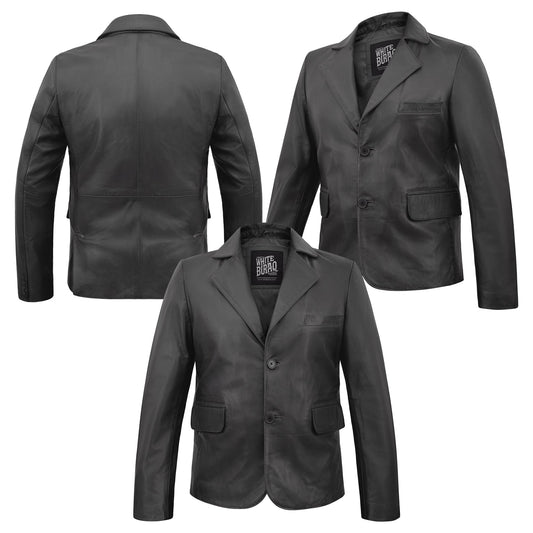 Men's Leather Two-Button Blazer in Black – front, back and side views