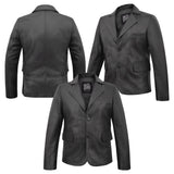 Men's Leather Two-Button Blazer in Black – front, back and side views