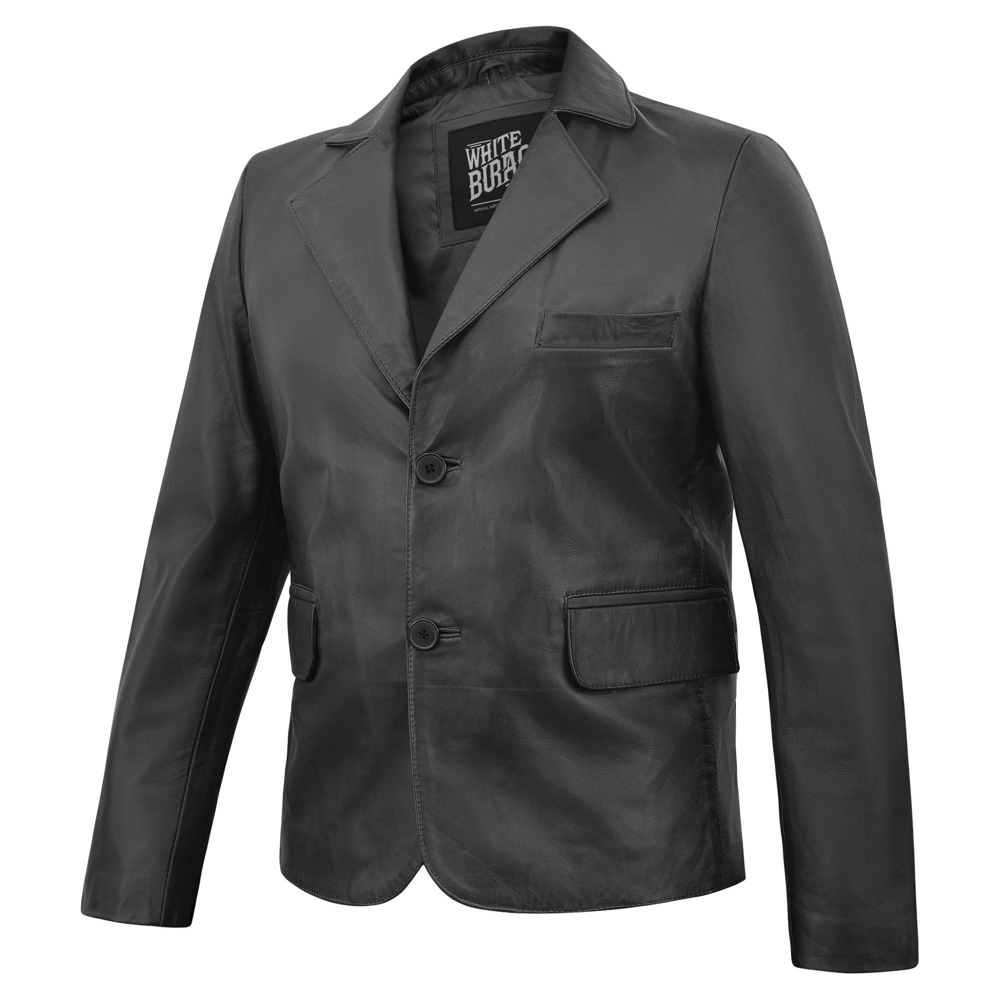 Men's Leather Two-Button Blazer in Black – three-quarter side view