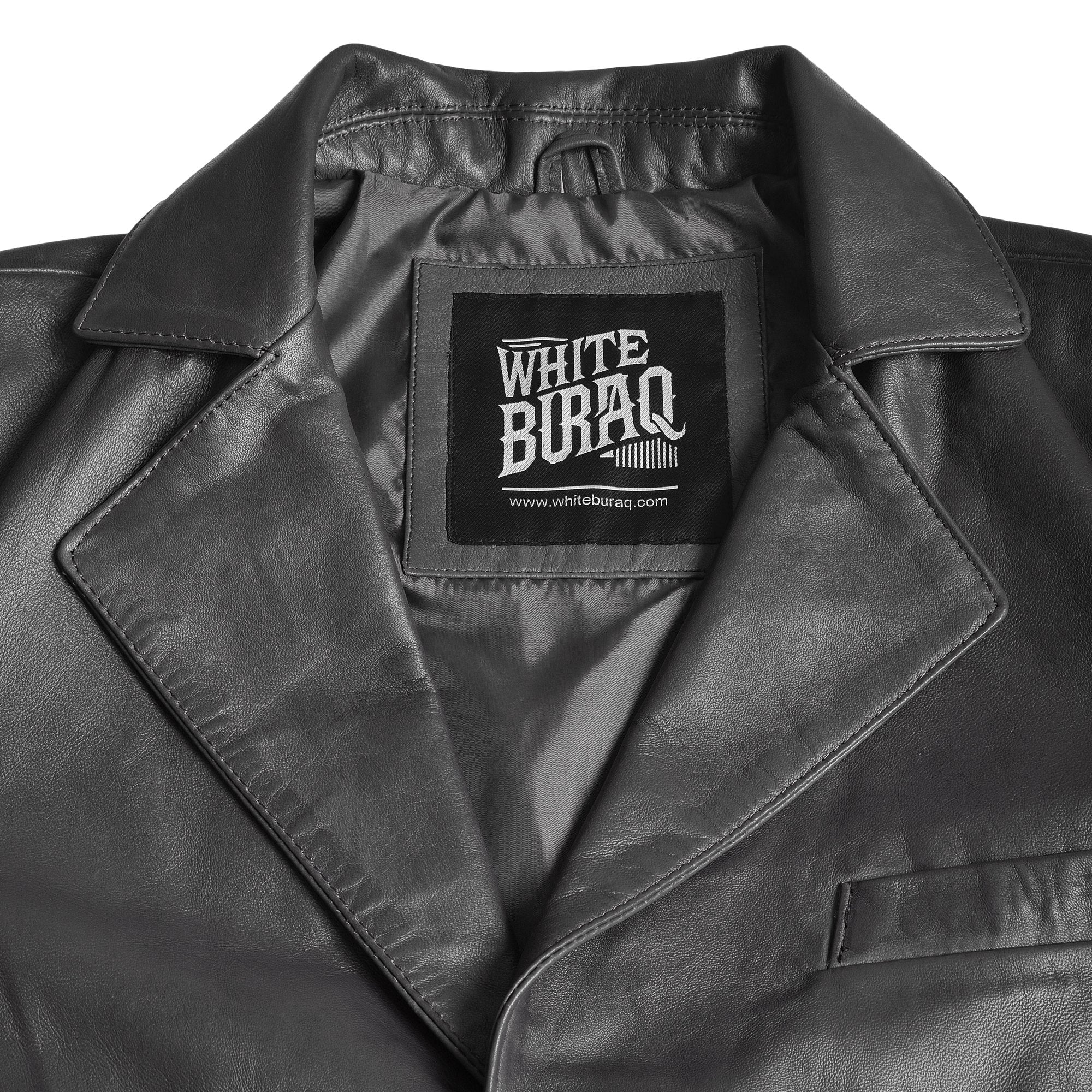 Men's Leather Two-Button Blazer in Black – notch lapel and label close-up