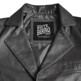 Men's Leather Two-Button Blazer in Black – notch lapel and label close-up