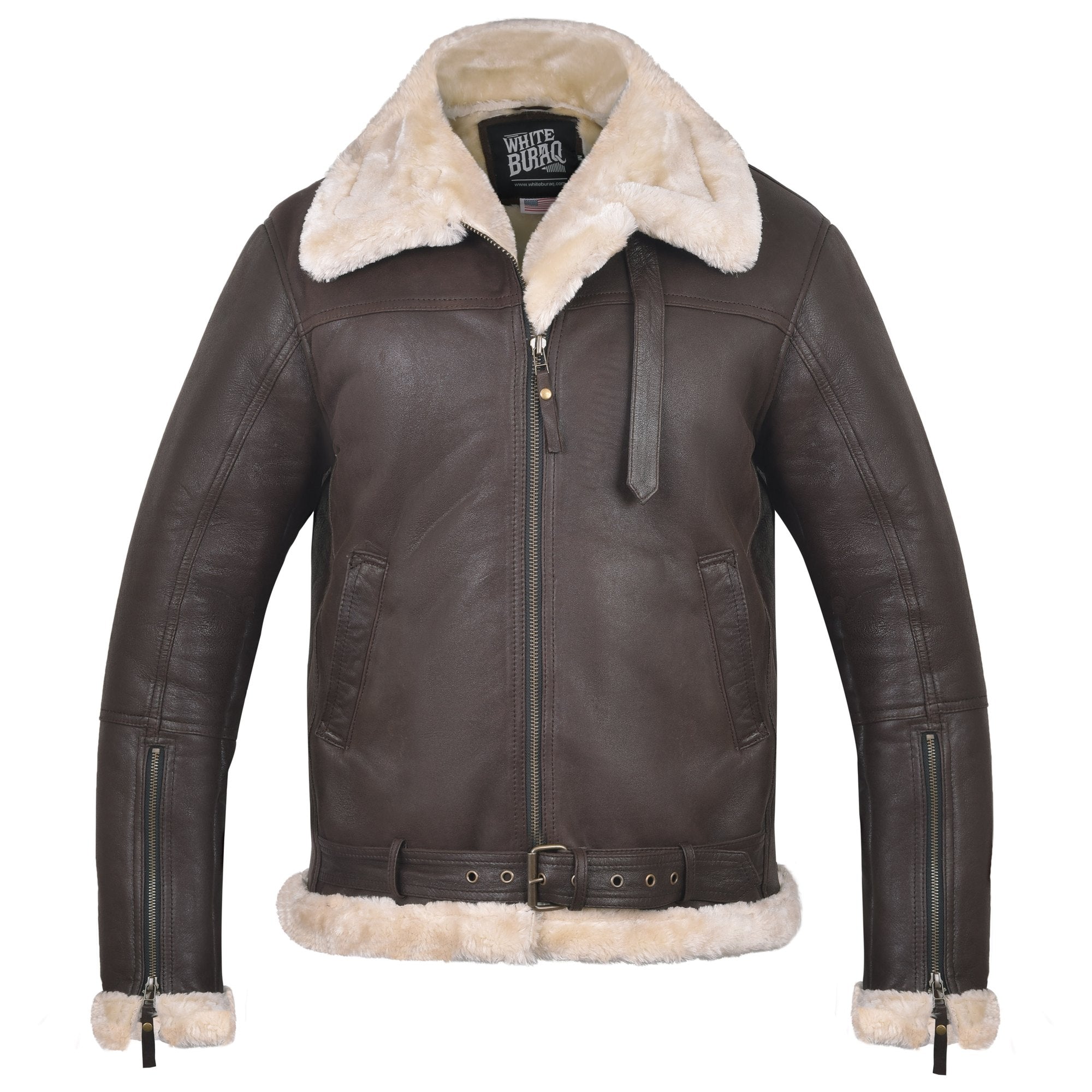 Men's B-3 Leather Aviator Jacket with Faux Shearling in Dark Brown – front view