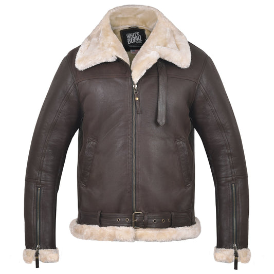 Men's B-3 Leather Aviator Jacket with Sherpa Lining in Dark Brown – front view