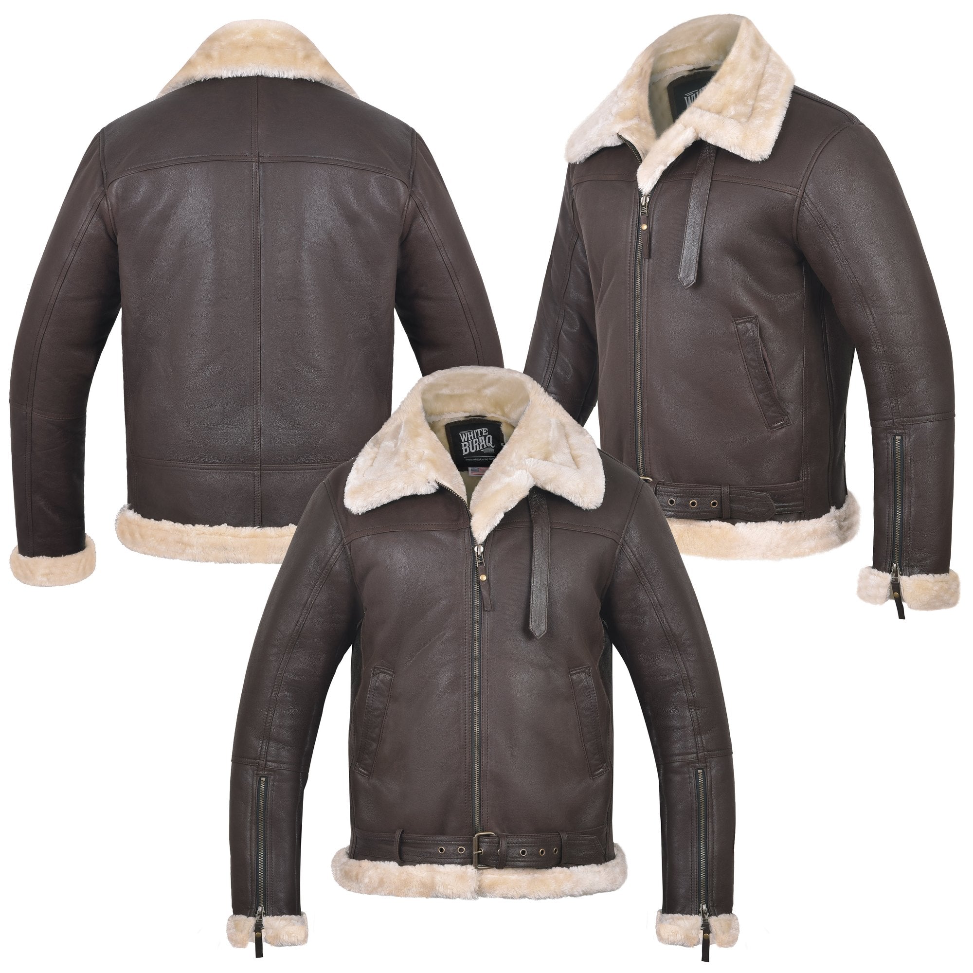 Men's B-3 Leather Aviator Jacket with Faux Shearling in Dark Brown – front, back and side views