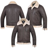 Men's B-3 Leather Aviator Jacket with Faux Shearling in Dark Brown – front, back and side views