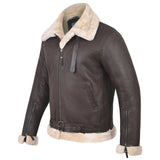 Men's B-3 Leather Aviator Jacket with Faux Shearling in Dark Brown – three-quarter side view