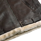 Men's B-3 Leather Aviator Jacket with Faux Shearling in Dark Brown – belted hem with buckle