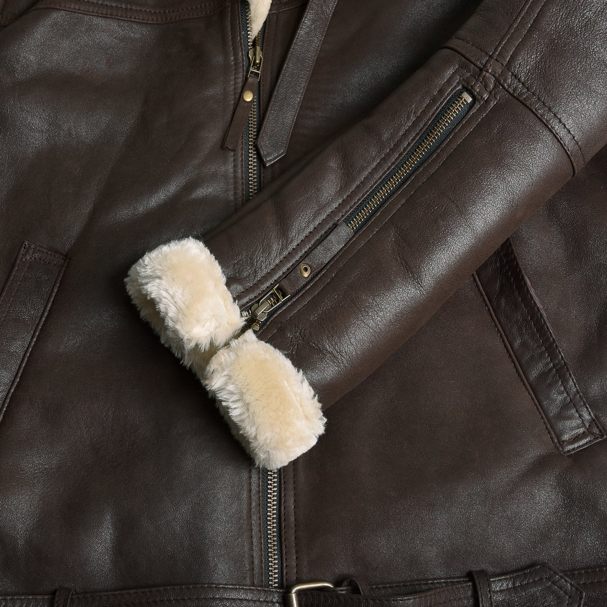 Men's B-3 Leather Aviator Jacket with Faux Shearling in Dark Brown – zip sleeve and faux shearling cuff