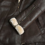 Men's B-3 Leather Aviator Jacket with Faux Shearling in Dark Brown – zip sleeve and faux shearling cuff