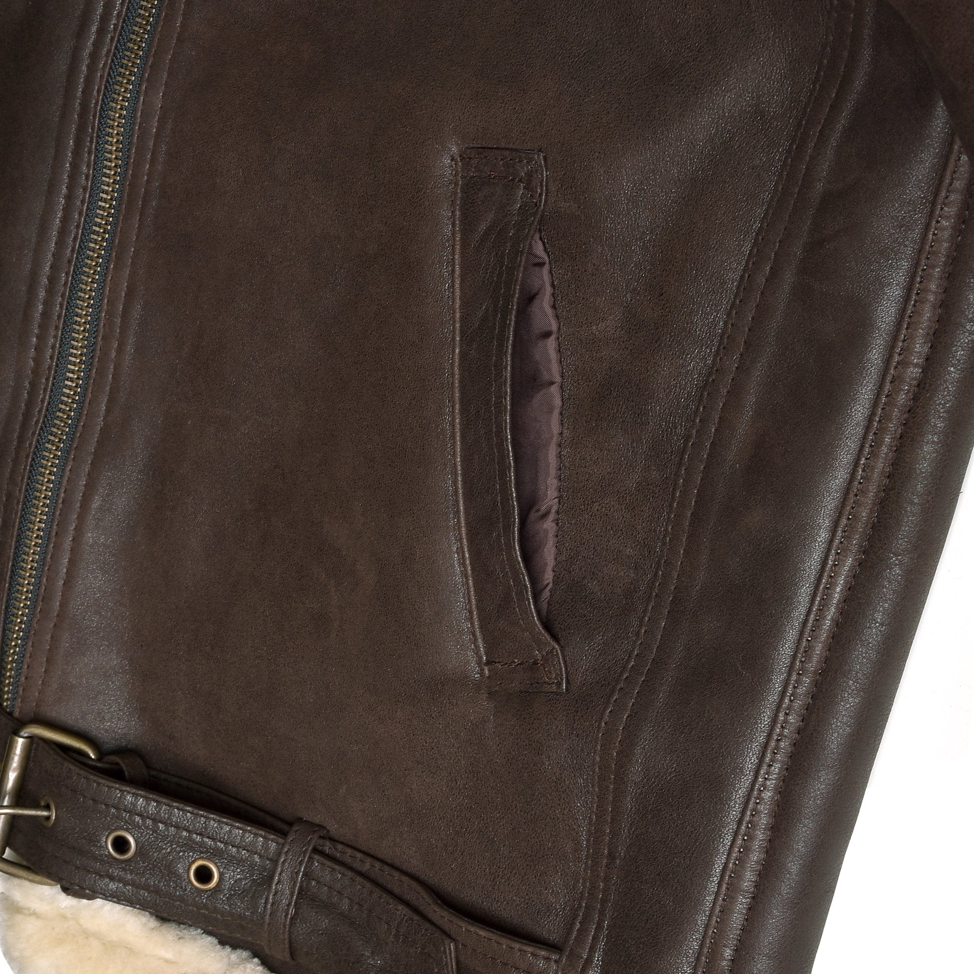 Men's B-3 Leather Aviator Jacket with Faux Shearling in Dark Brown – hand pocket detail