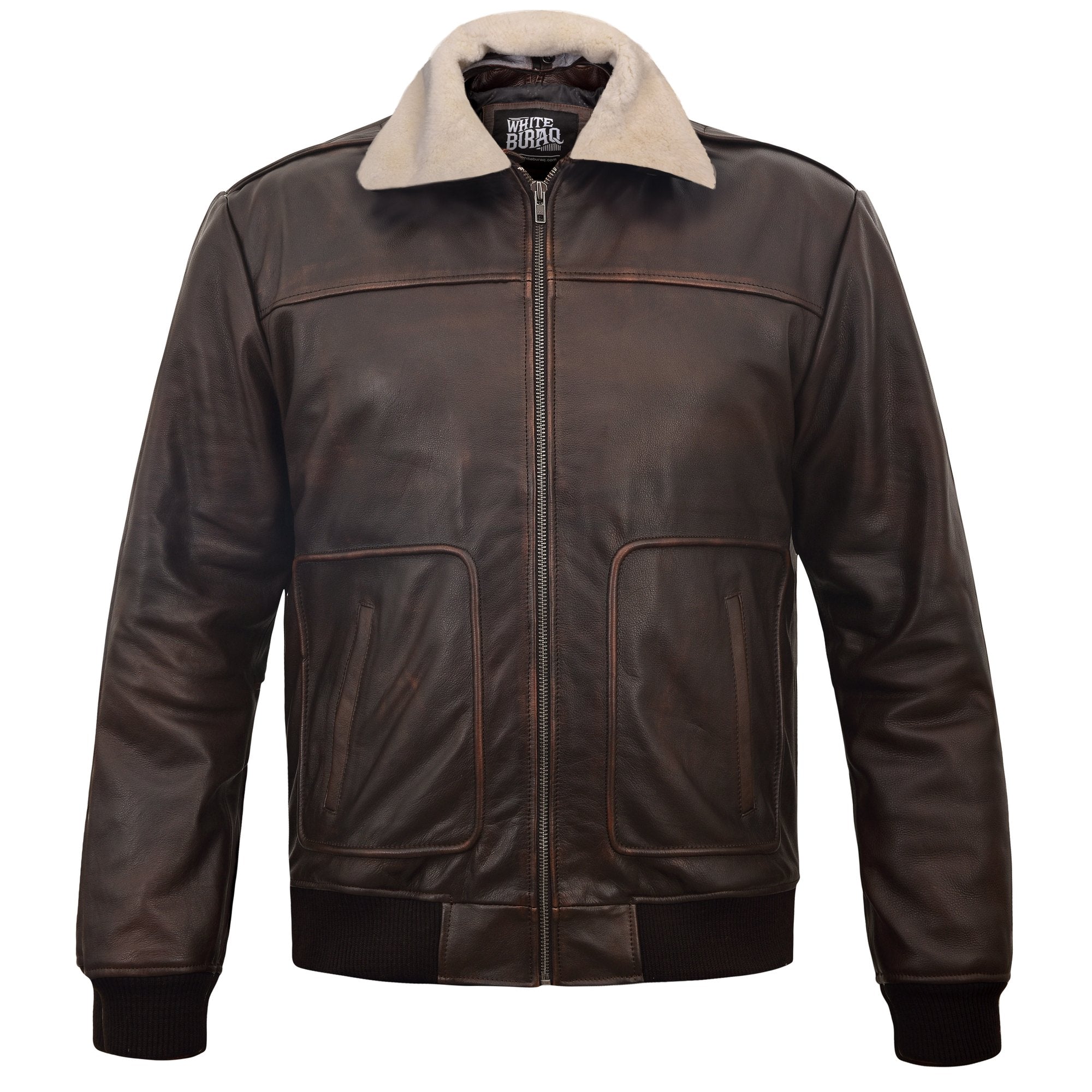 Men's Distressed Brown A-2 Leather Bomber with Removable Collar – front view with faux shearling collar
