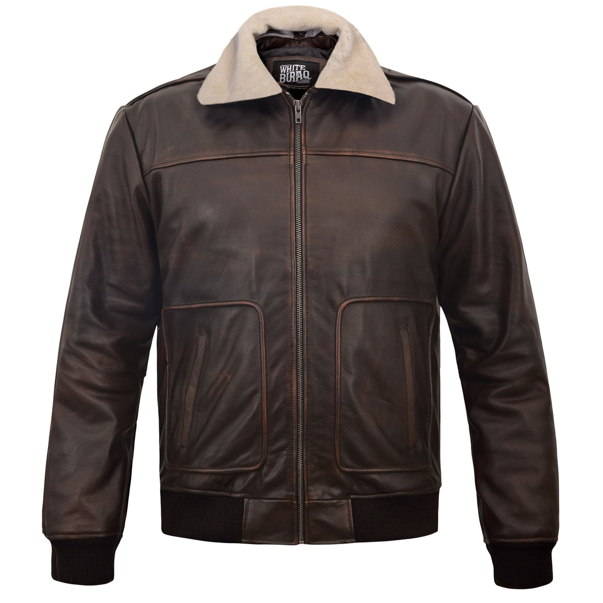 Men's Distressed Brown A-2 Leather Bomber with Removable Collar – front view with faux shearling collar