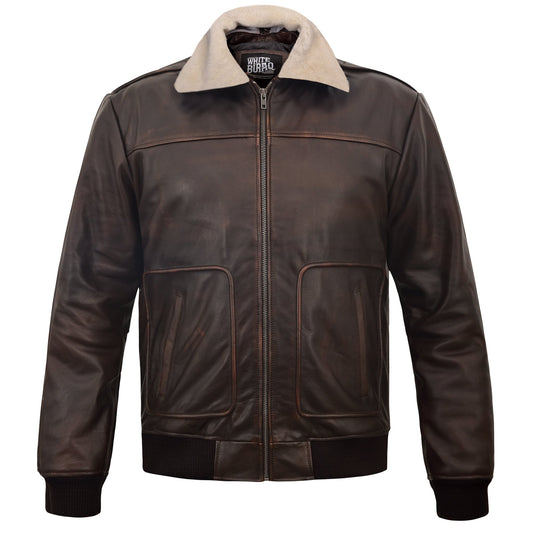 Men's Distressed Brown A-2 Leather Bomber with Removable Collar – front view with sherpa collar