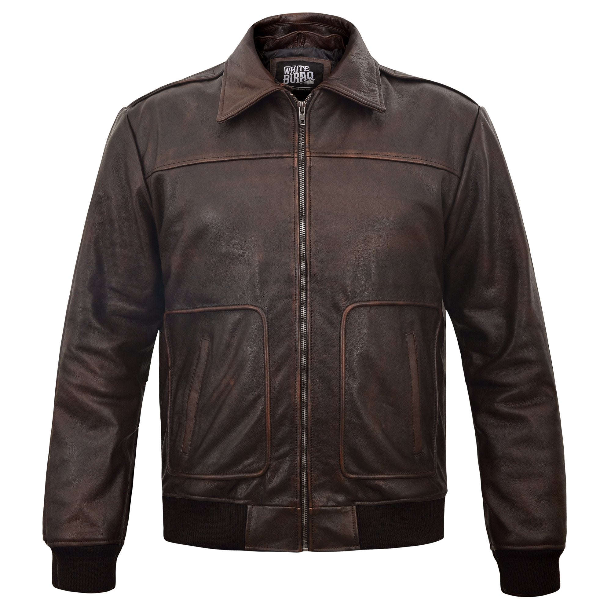 Men's Distressed Brown A-2 Leather Bomber with Removable Collar – front view without collar