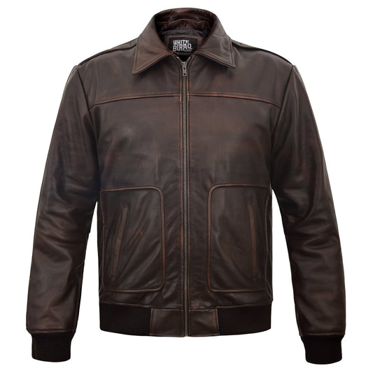 Men's Distressed Brown A-2 Leather Bomber with Removable Collar – front view without collar