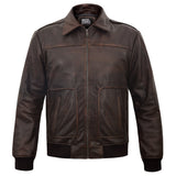 Men's Distressed Brown A-2 Leather Bomber with Removable Collar – front view without collar