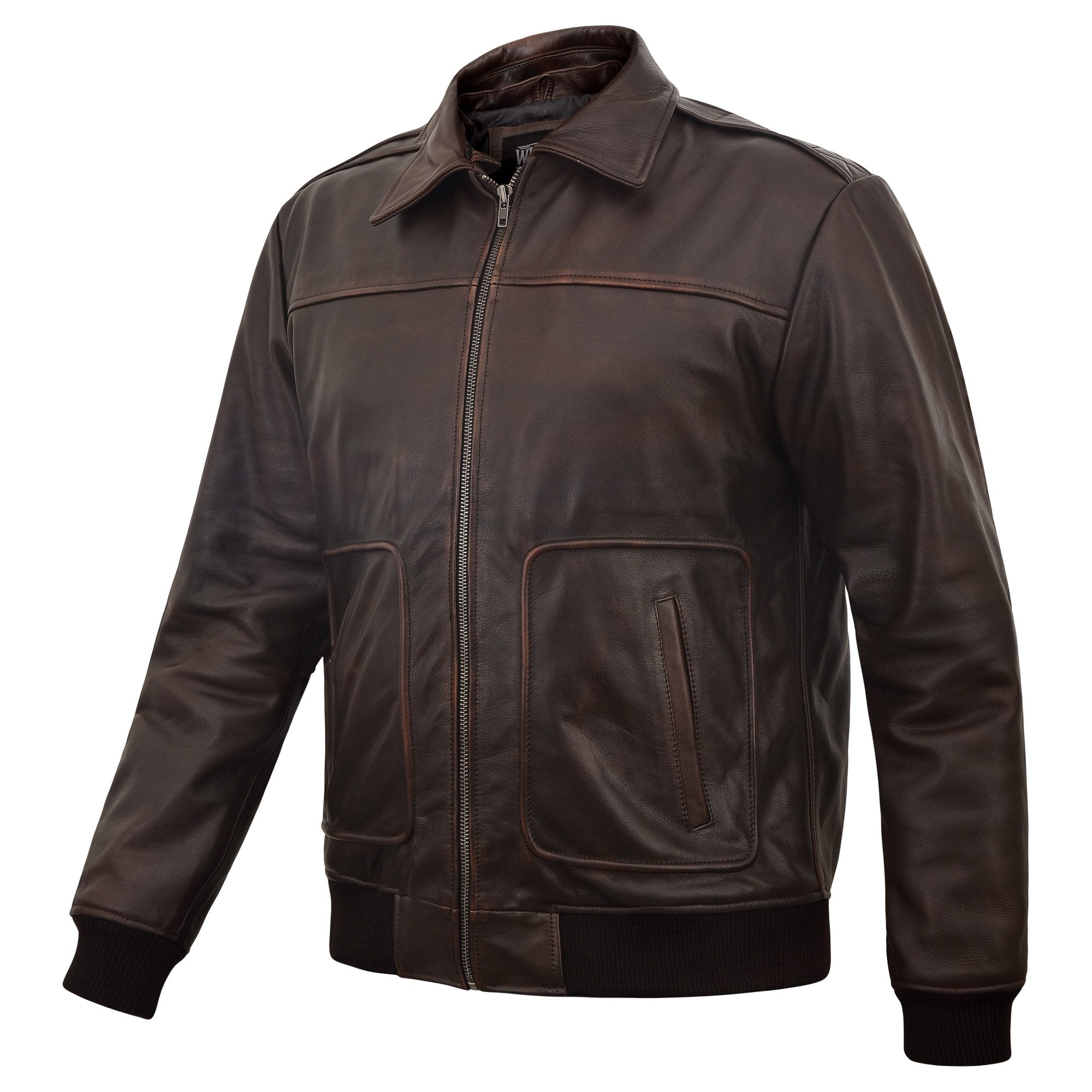 Men's Distressed Brown A-2 Leather Bomber with Removable Collar – three-quarter side view