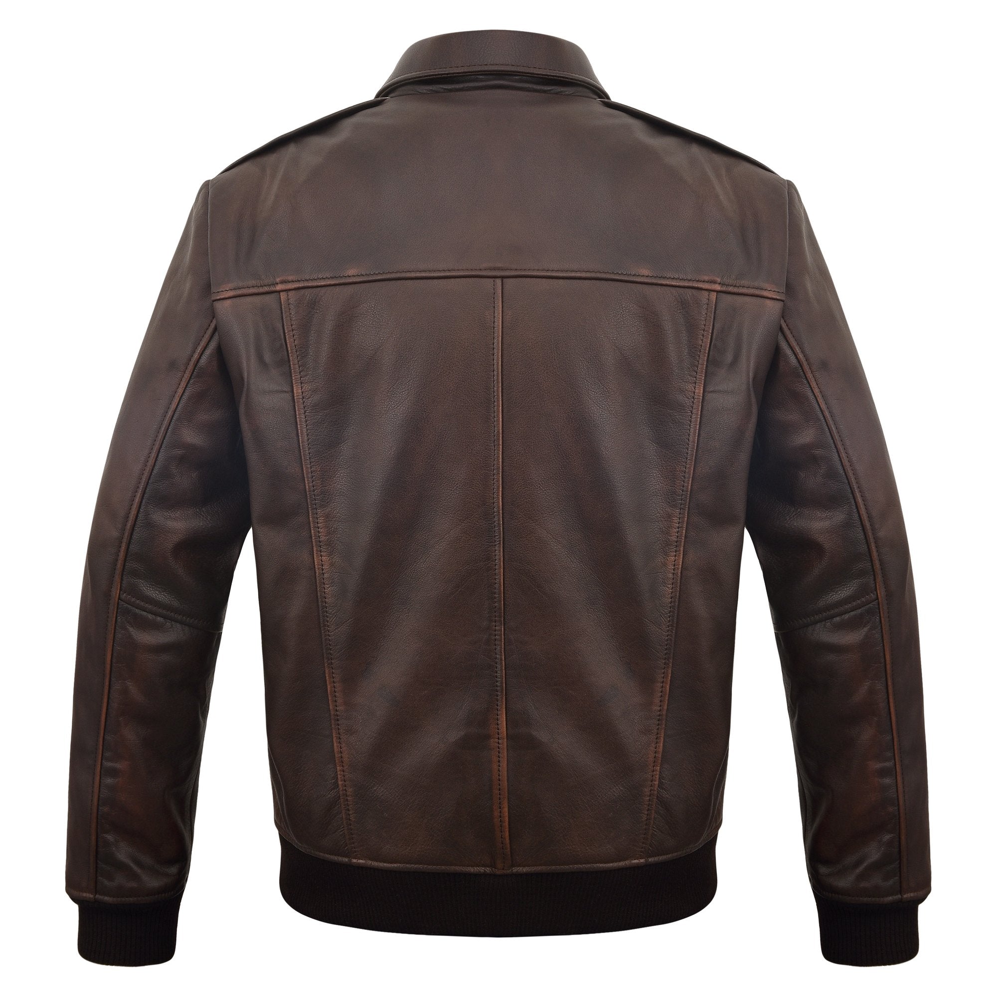 Men's Distressed Brown A-2 Leather Bomber with Removable Collar – back view