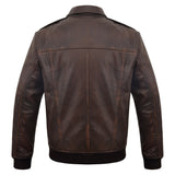Men's Distressed Brown A-2 Leather Bomber with Removable Collar – back view
