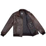 Men's Distressed Brown A-2 Leather Bomber with Removable Collar – open side view