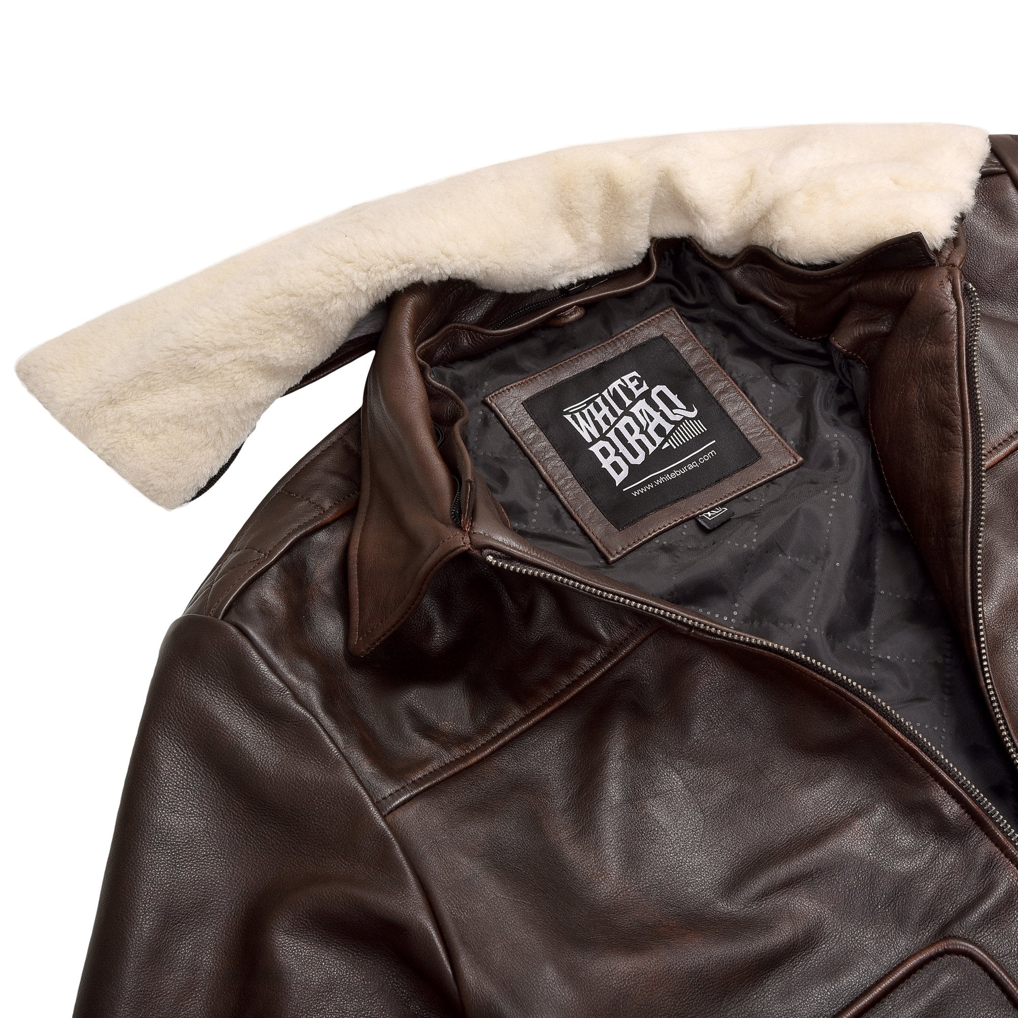 Men's Distressed Brown A-2 Leather Bomber with Removable Collar – faux shearling collar close-up