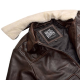 Men's Distressed Brown A-2 Leather Bomber with Removable Collar – faux shearling collar close-up