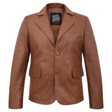 Men's Leather Two-Button Blazer in Tan – front view