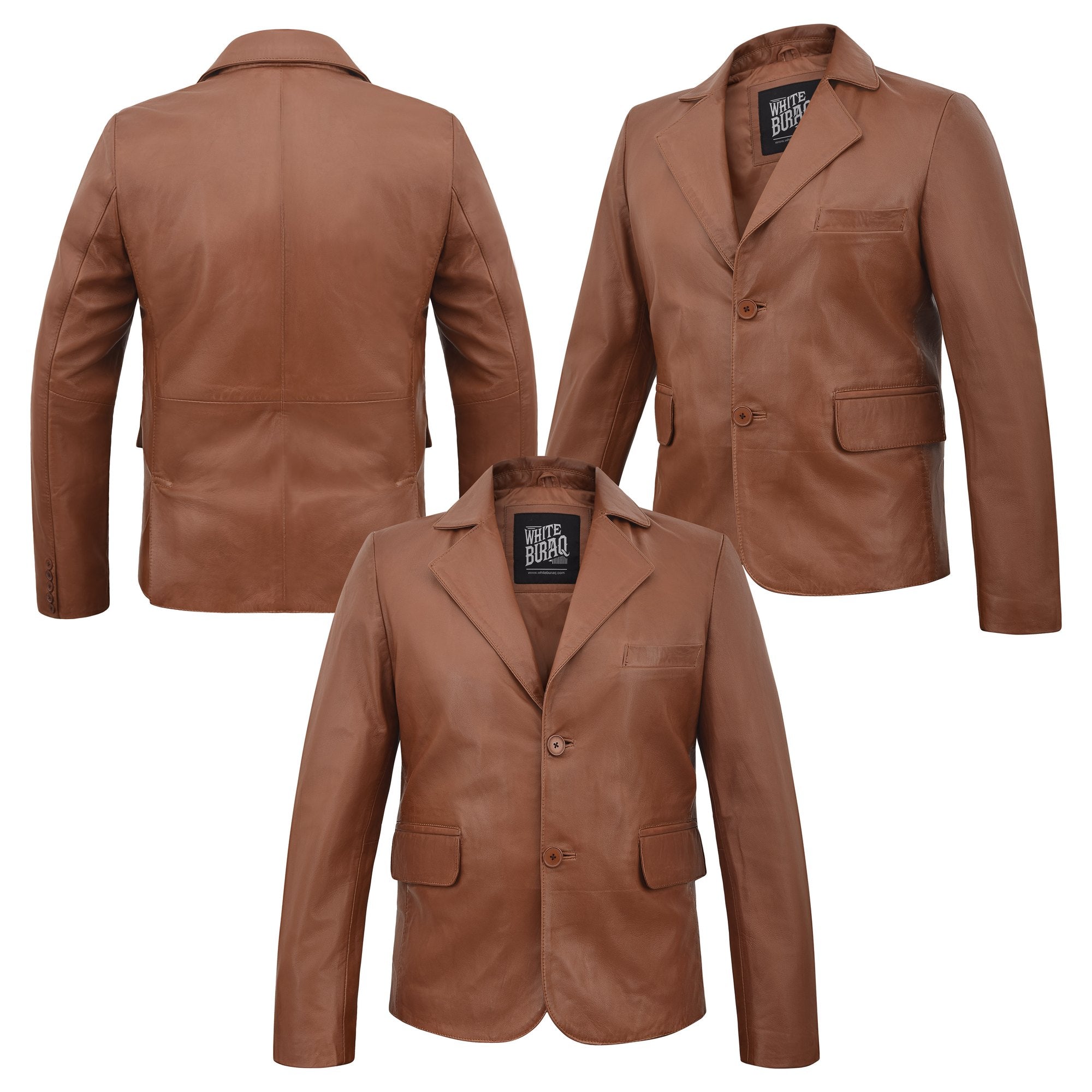 Men's Leather Two-Button Blazer in Tan – front, back and side views