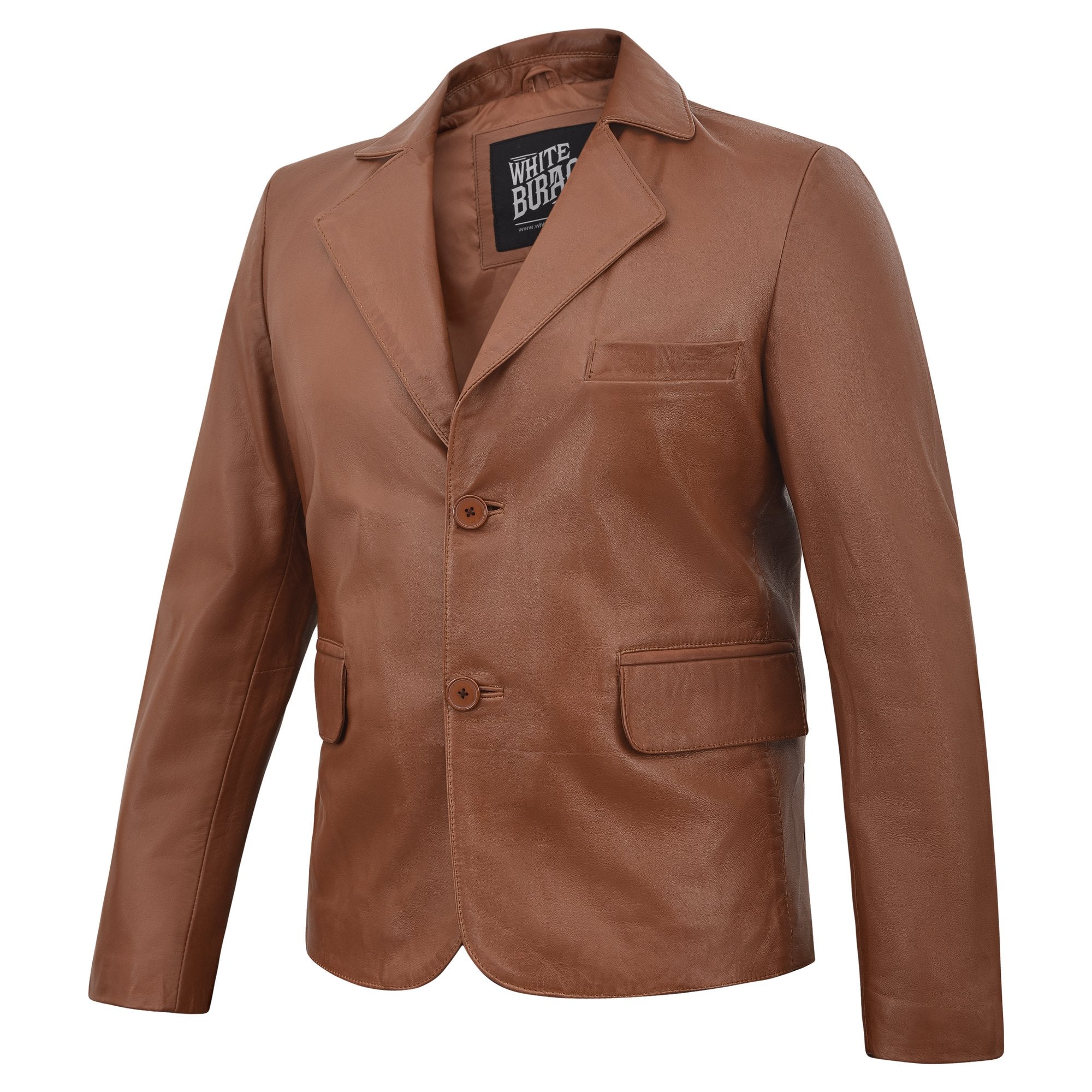 Men's Leather Two-Button Blazer in Tan – three-quarter side view