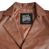 Men's Leather Two-Button Blazer in Tan – notch lapel and label close-up