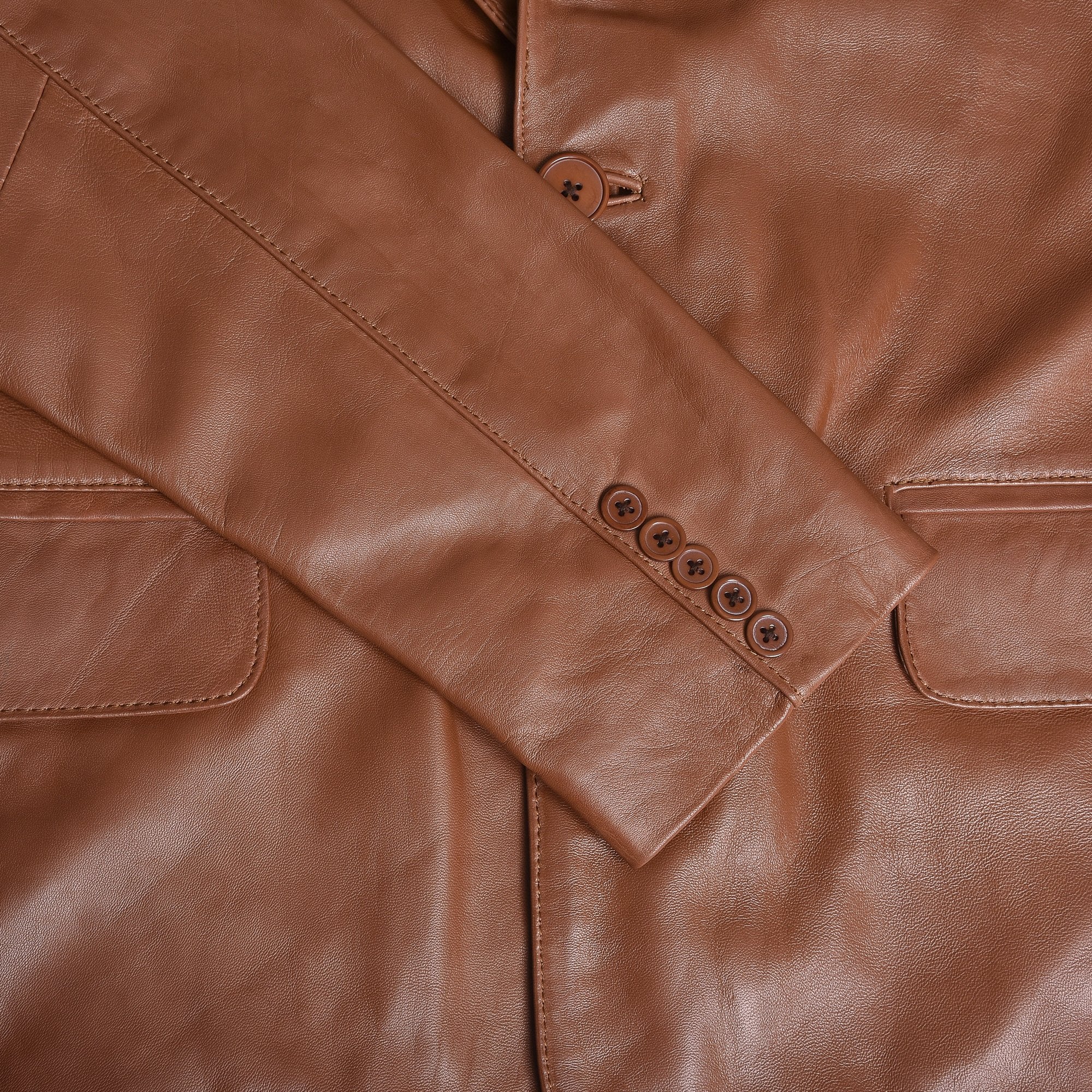 Men's Leather Two-Button Blazer in Tan – four-button cuff detail