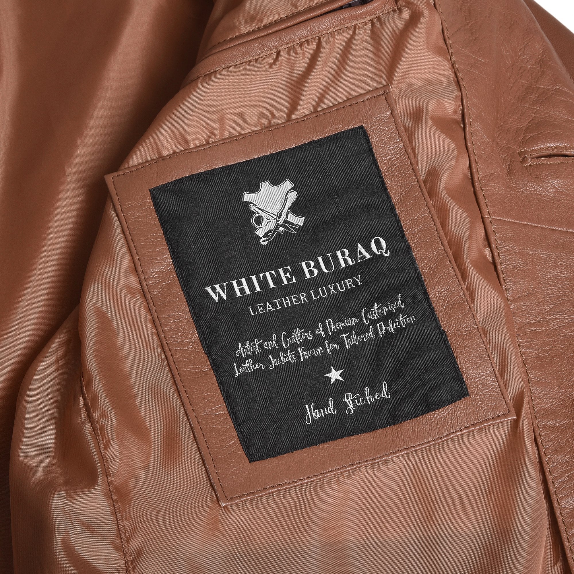 Men's Leather Two-Button Blazer in Tan – lining with inside label