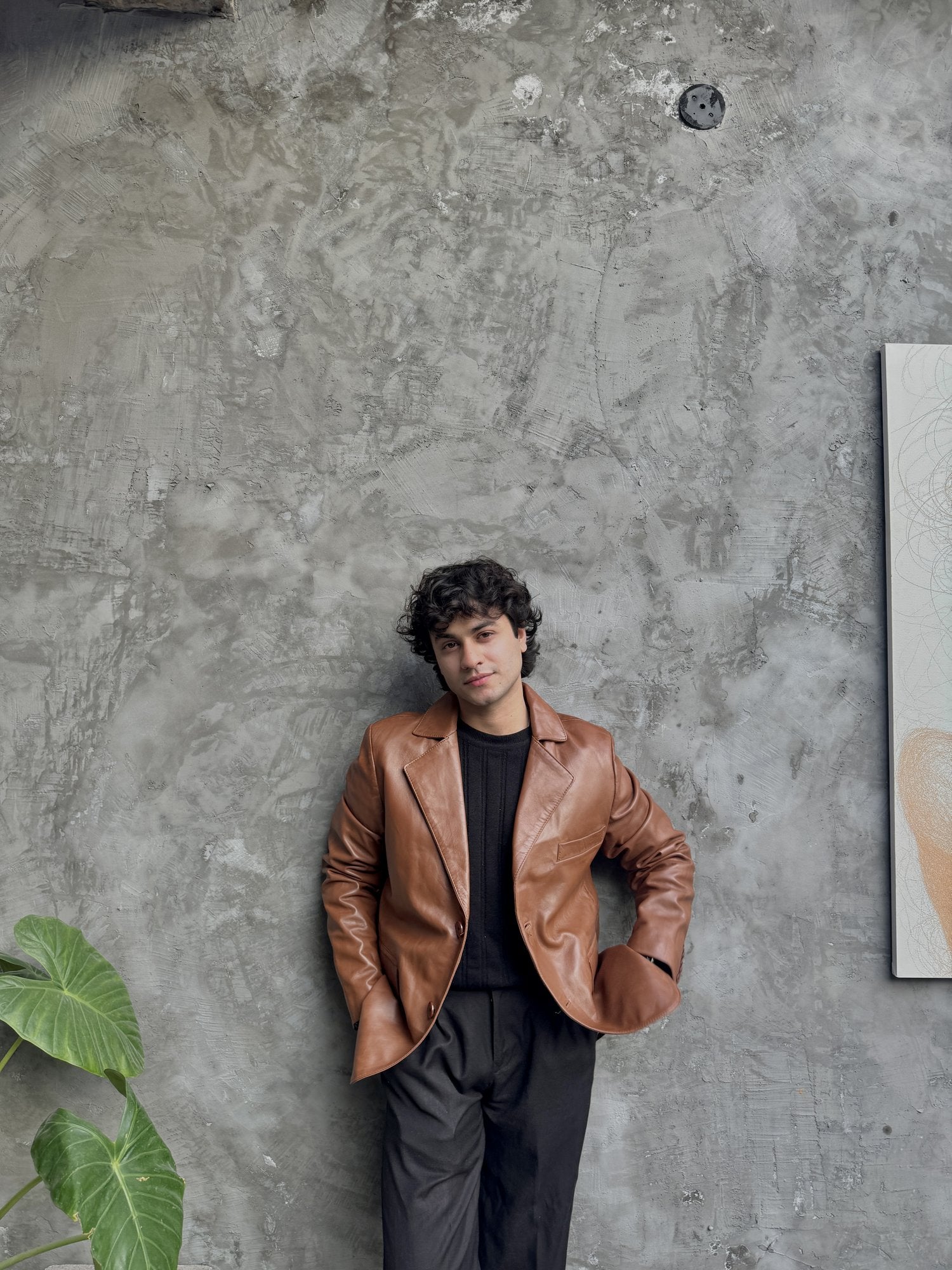 Men's Leather Two-Button Blazer in Tan – worn by model, front view