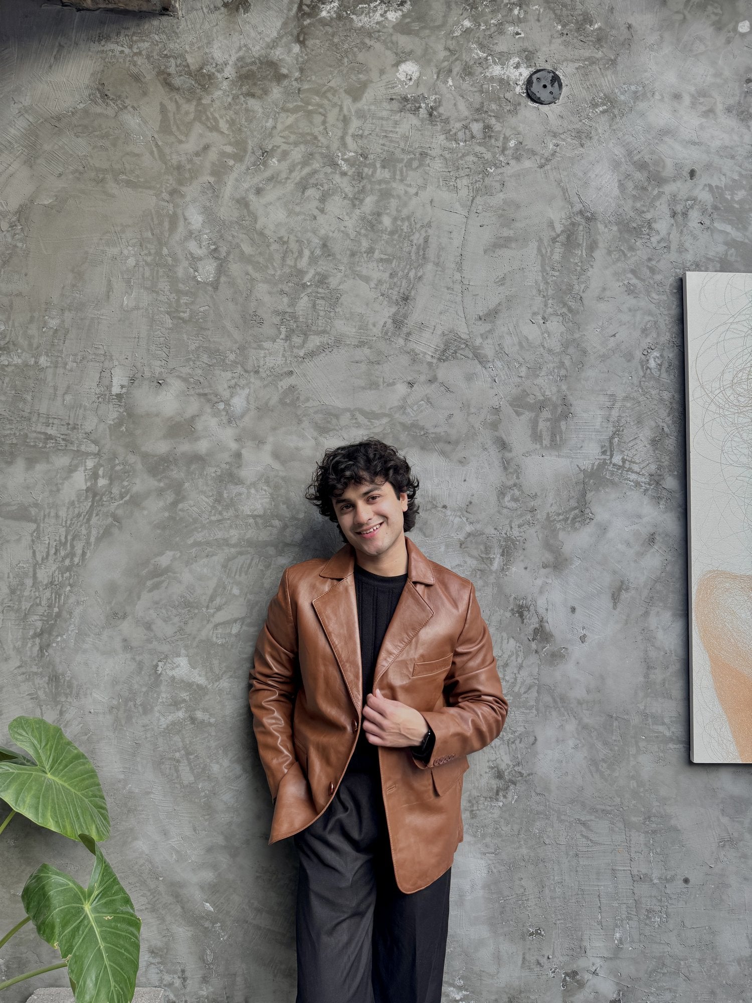 Men's Leather Two-Button Blazer in Tan – worn by model, open