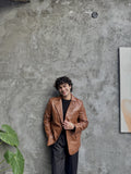 Men's Leather Two-Button Blazer in Tan – worn by model, open