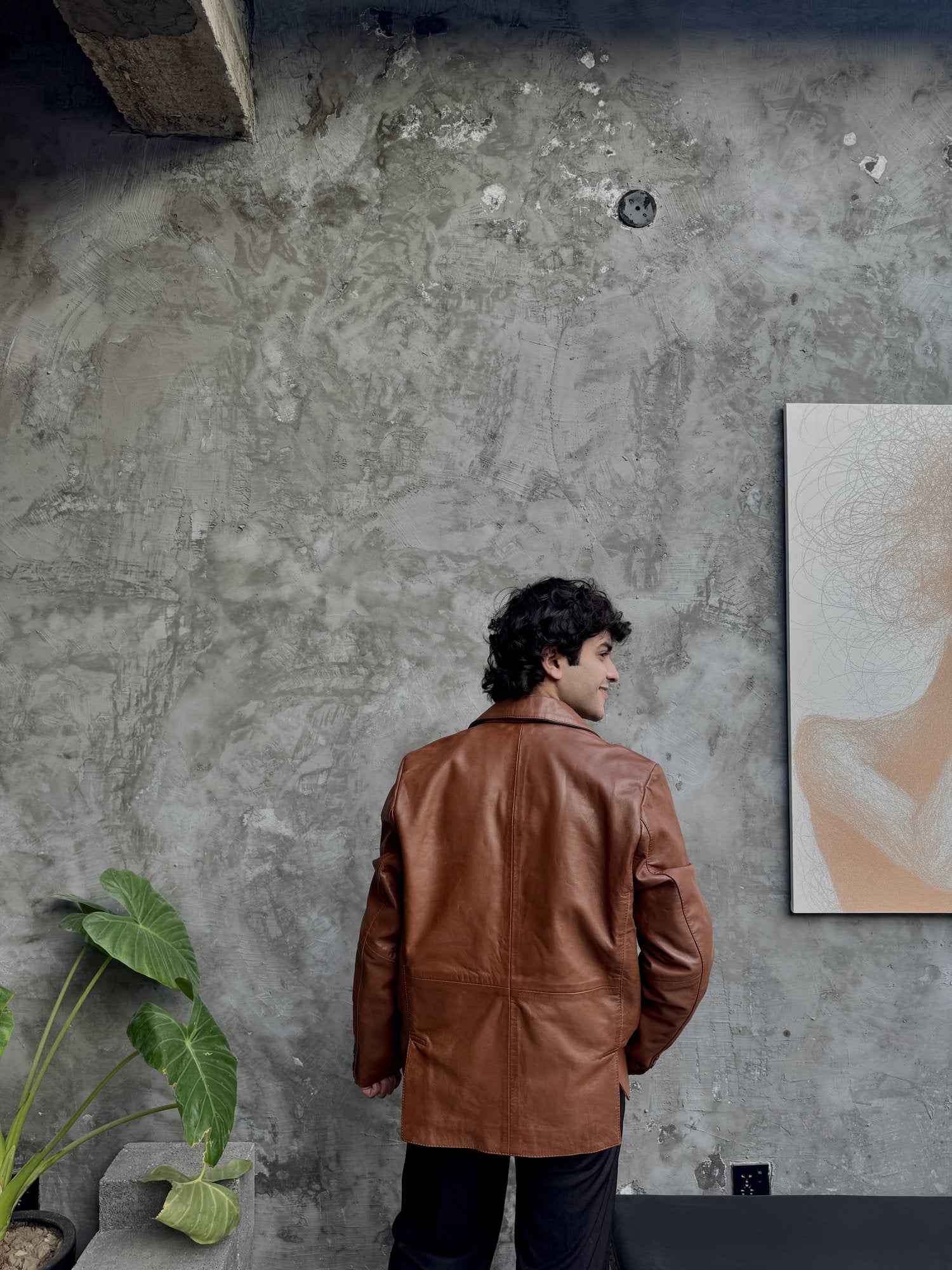 Men's Leather Two-Button Blazer in Tan – back view on model