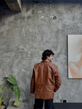 Men's Leather Two-Button Blazer in Tan – back view on model