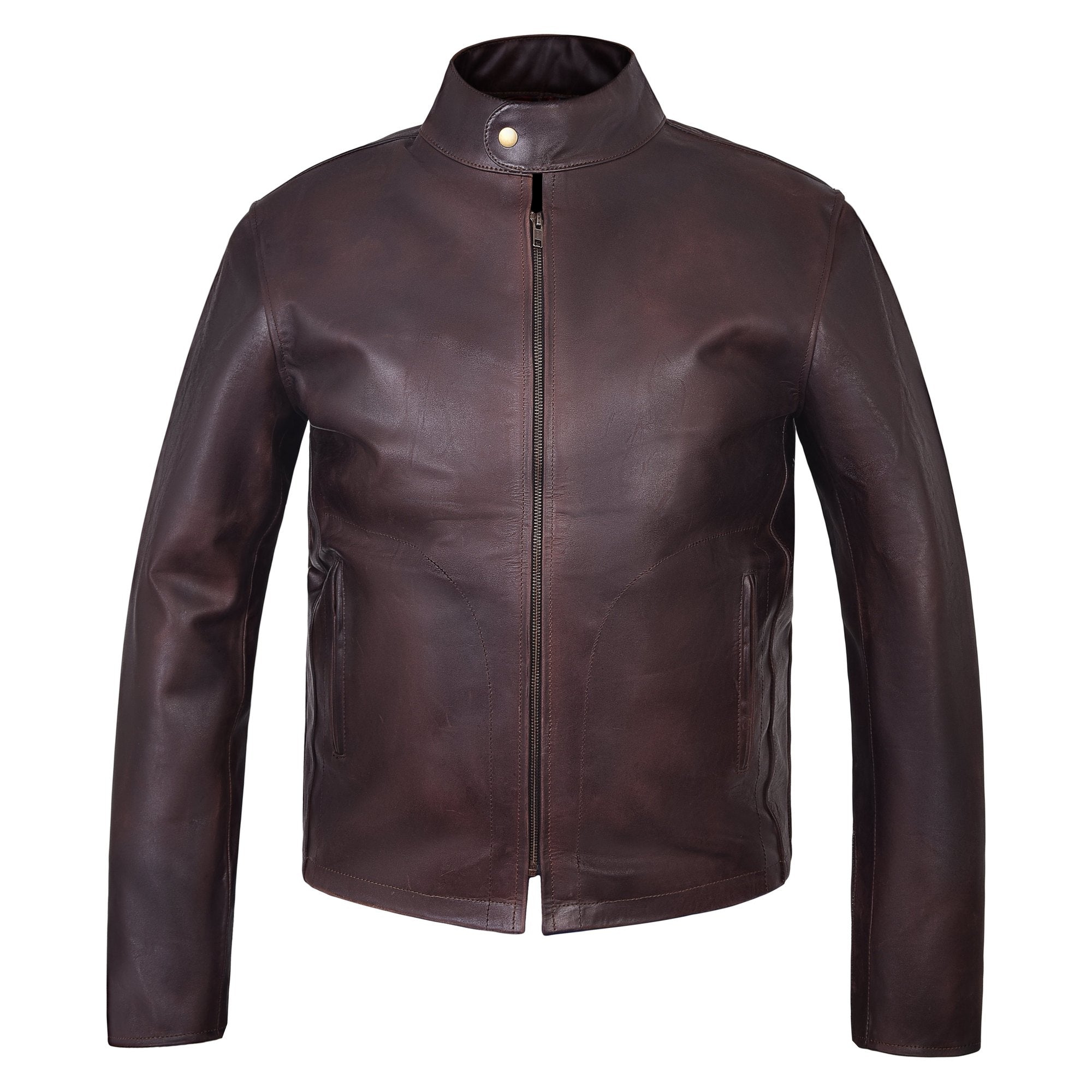 Men's Two-Tone Brown Cowhide Cafe Racer Jacket – front view