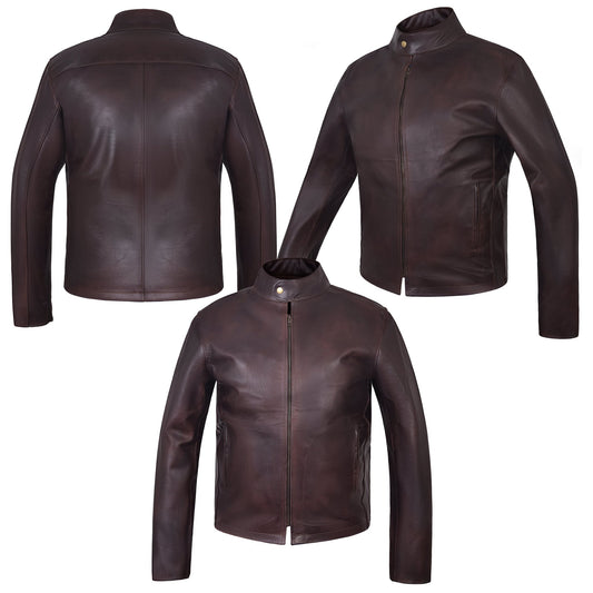 Men's Two-Tone Brown Cowhide Cafe Racer Jacket – front, back and side views